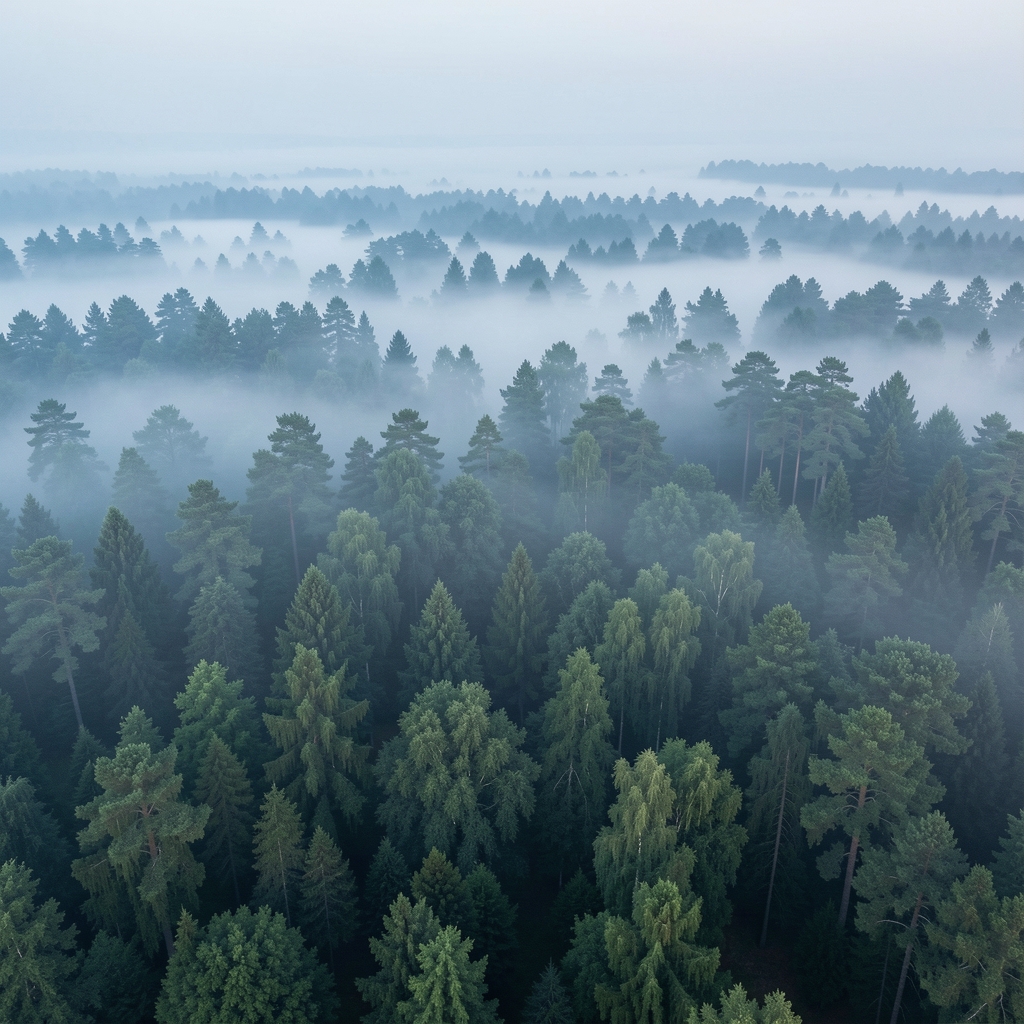 Wide aerial view of misty forest canopy at early morning, pale blue-grey light filtering through treetops, creating a sense of depth, stillness and natural order