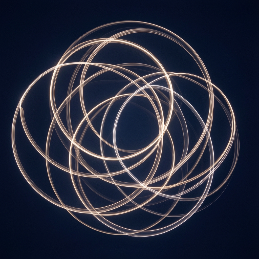 Abstract illustration of overlapping translucent blue and gold circles on a dark background, suggesting cyclical biological rhythms and internal timekeeping