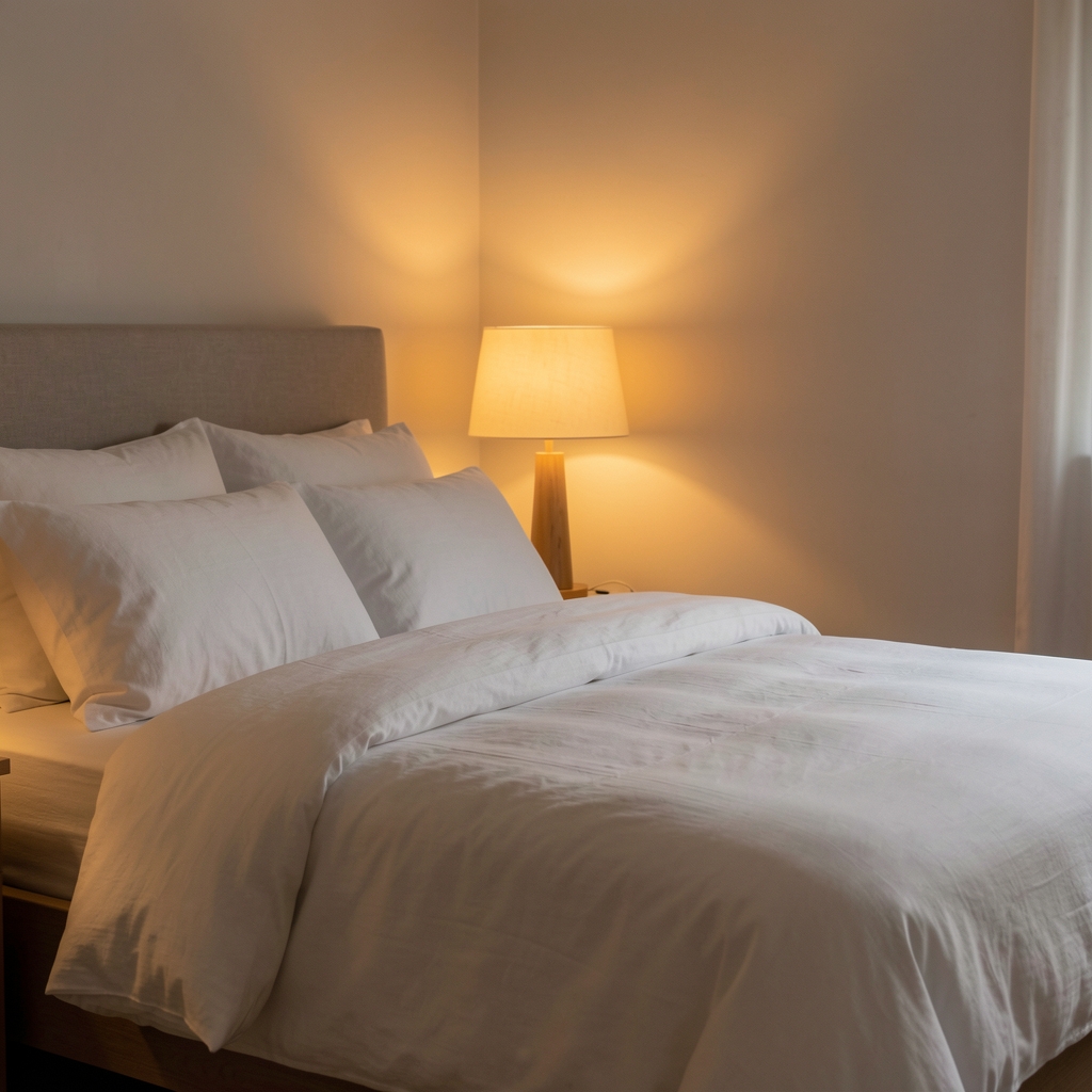 Soft slow-exposure photograph of a dimly lit room with a small bedside lamp casting a warm amber glow over a neatly folded blanket on a wooden bed frame