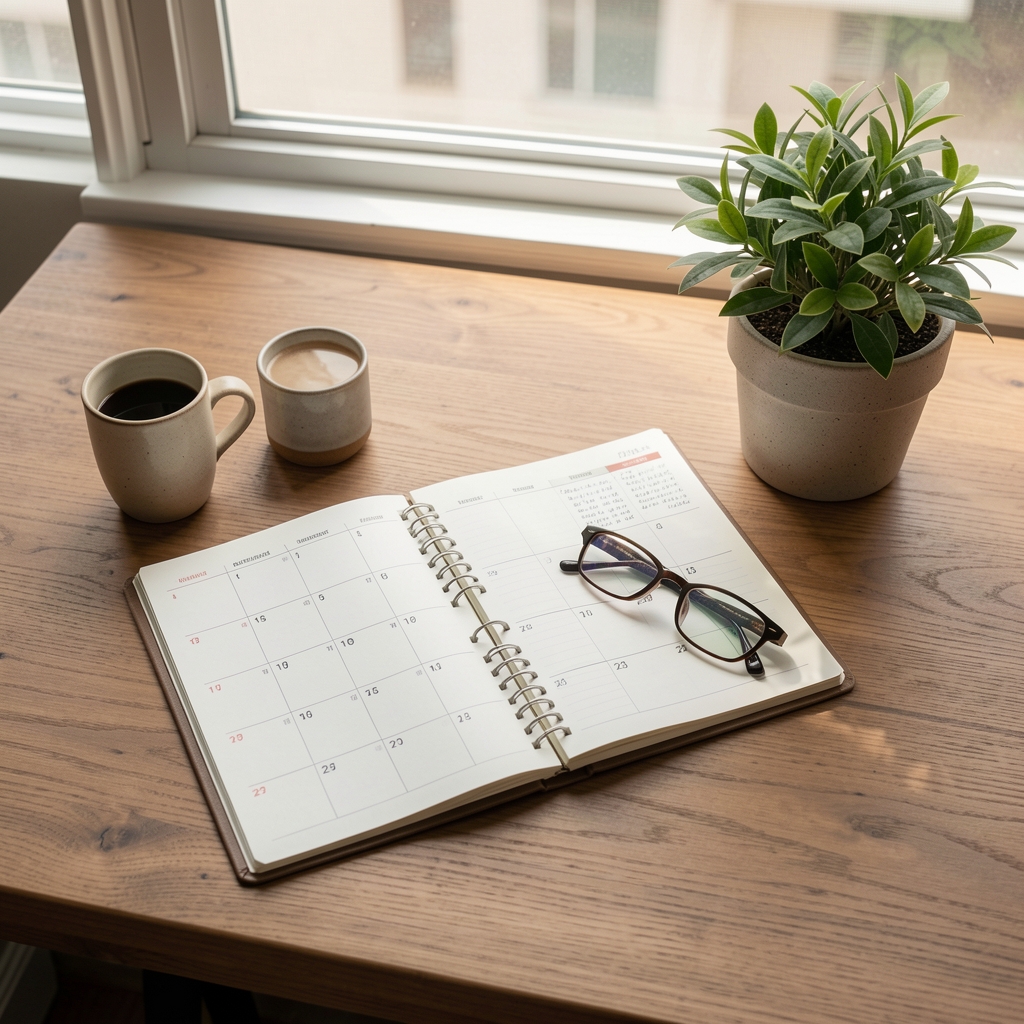 Flat lay of a wooden desk with an open day planner, a ceramic coffee mug, reading glasses and a potted green plant beside a window with morning light