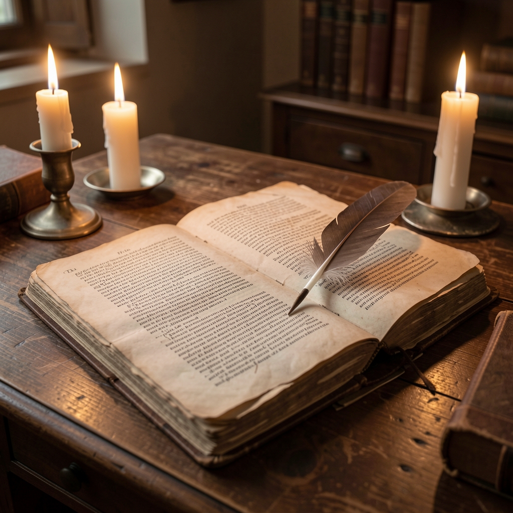 Aged open book with yellowed pages lying on a dark wooden surface in low directional candlelight, with deep shadows framing the scene, evoking antiquity and the passage of knowledge through time