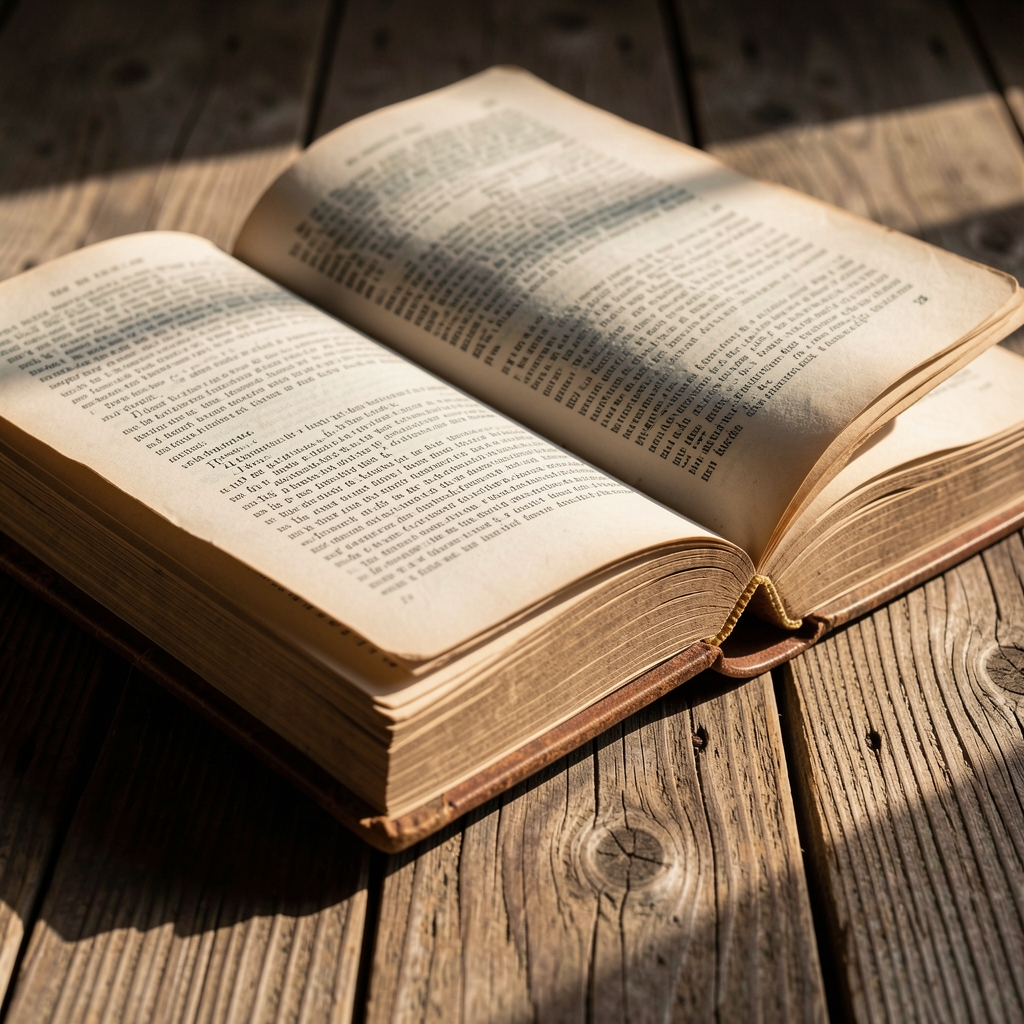 Close-up of an open vintage book resting on a weathered wooden surface with soft lateral light casting long shadows, emphasising knowledge and the layered nature of understanding