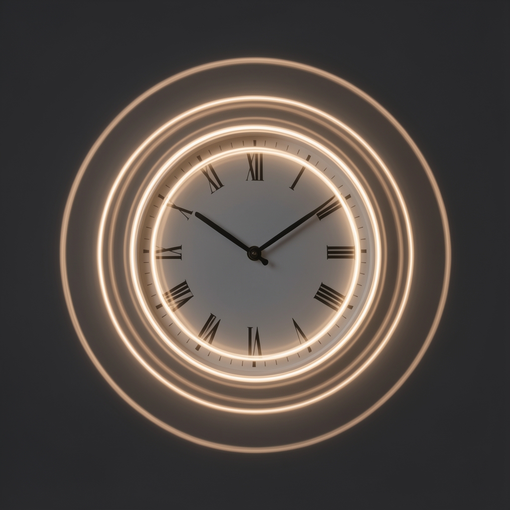 Abstract long-exposure photograph of a circular clock face dissolving into soft concentric light rings on a dark charcoal background, symbolising the passage of time and biological cycles
